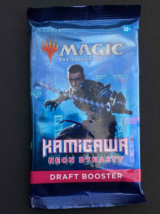 Packaged 'Magic: The Gathering' Kamigawa Neon Dynasty draft booster on a dark background