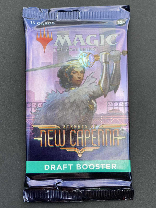 Packaged 'Magic: The Gathering' draft booster on a dark gray background